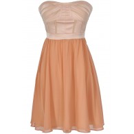 Different Angles Strapless Chiffon Designer Dress in Beige/Peach